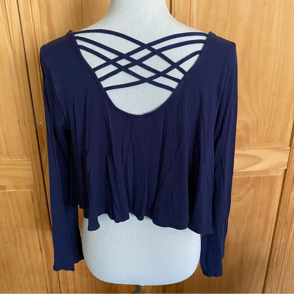 Anthropologie Navy Blue Button-Front Long-Sleeve Crop Top